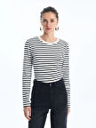 LCW Vision Siyah Bisiklet Yaka Çizgili Uzun Kollu Kadın Body