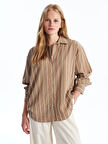 LCW Vision Kahverengi Çizgili Uzun Kollu Oversize Kadın Gömlek