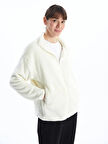 LCWAIKIKI Basic Ekru Dik Yaka Pelüş Kadın Fermuarlı Sweatshirt