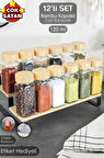 12’li Bambu Kapaklı Kare Cam Baharatlık Seti 120ml 16 Adet Etiket Hediye 9008