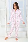 Kız Düğmeli Pijama Takımı Kuzulu 'good night' Model Uzun Kollu