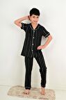 erkek çocuk kısa kollu düğmeli pijama takımı atlas model siyah