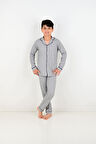 Erkek Çocuk Uzun Kollu %100 Pamuklu Düğmeli Pijama Takımı Mini Kare
