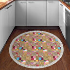 Dekoreko Kaymaz Taban Djt Mutfak Halısı Yıldız Deri Saçaklı Yuvarlak Modern 2155M