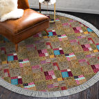 Dekoreko Kaymaz Taban Djt Salon Halısı Yıldız Deri Saçaklı Yuvarlak Modern 2155M