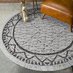 Dekoreko Kaymaz Taban Djt Salon Halısı Yıldız Deri Saçaklı Yuvarlak İskandinav F5081