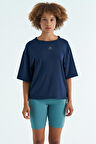 İndigo O Yaka Baskı Detaylı Oversize Kısa Kol Kadın T-Shirt - 97263