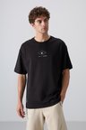 Siyah Pamuklu Kalın Yumuşak Dokulu Oversize Fit Baskılı Erkek T-Shirt - 88325 | M