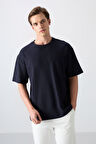 Lacivert Pamuklu Kalın Yüzeyi Dokulu Oversize Fit Baskılı Erkek T-Shirt - 88336
