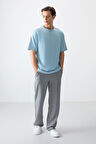 Açık Mavi %100 Pamuk Kalın Yumuşak Dokulu Oversize Fit Basic Erkek T- Shirt - 88353 | M