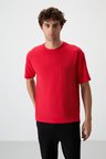 Kırmızı Waffle İnterlok Yüzeyi Dokulu Oversize Fit Basic Erkek T-Shirt - 88380 | XL
