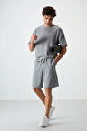 Gri Melanj Pamuklu Kalın Yumuşak Dokulu Oversize Fit Nakışlı Şortlu Takım - 85250 | XXL