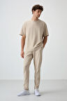 Bej Pamuklu Kalın Yumuşak Dokulu Oversize Fit Nakışlı Erkek Eşofman Takım - 85252