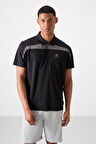 Siyah Polyester Nefes Alan Dokulu İnce Esnek Standart Fit Polo Yaka Erkek Performans T-Shirt - 88392