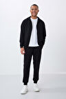Siyah Kompakt Pamuklu Kalın Pürüzsüz Dokulu Kapüşonlu Comfort Fit Erkek Eşofman Takım - 85262