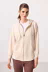 Bej Yumuşak Dokulu Kapüşonlu Oversize Kadın Tunik Sweatshirt - 97302