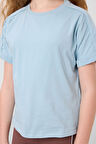Açık Mavi Pamuklu O Yaka Oversize Fit Basic Kız Çocuk T-Shirt - 75182