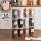 Porsima 1060 12'li Döner Kapaklı Etiketli Baharatlık Seti - Şeffaf Kilitlenebilir Kapaklı 350 cc