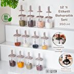 Porsima 1100 Kaydırmalı Kaşıklı Sızdırmaz Kapaklı Etiketli 12'li Baharatlık Seti Şeffaf Cappuccino