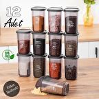 Porsima 1107 12'li Sızdırmaz Düz Kapaklı Etiketli Baharatlık Seti - Yiyecek Erzak Saklama Kabı-Antrasit