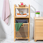 Porsima 2063 Ahşap Bambu Kirli Sepetli 2 Raflı Çok Amaçlı Banyo Düzenleyici Organizer Banyo Dolabı Kirli Çamaşır Sepeti Organizeri