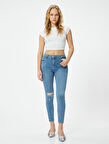 Dar Kesim Yüksek Bel Kot Pantolon Yıpratmalı Esnek Cepli Pamuklu - Carmen Skinny Jeans 