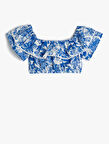 Crop Bluz Kolsuz Açık Omuz Fırfırlı Çiçek Desenli Pamuklu