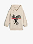 Kapşonlu Sweatshirt Kartal Baskılı Uzun Kollu Şardonlu  