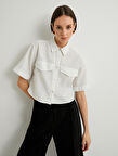 Crop Gömlek Kısa Kollu Cep Detaylı Düğmeli Keten Karışımlı