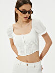 Balon Kol Crop Bluz Dantel Detaylı Düğmeli U Yaka Krinkıl Kumaş