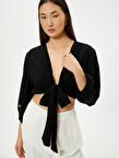 Crop Bluz Önden Bağlamalı Balon Kollu 