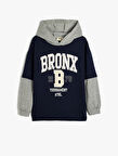 Kapşonlu Sweatshirt Renk Bloklu Brooklyn Baskılı Uzun Kollu Şardonlu