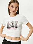 Baskılı Crop Tişört Kısa Kollu Bisiklet Yaka Pamuklu