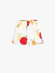 Şort Beli Bağlamalı Cepli Meyve Baskılı Pamuklu