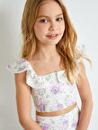 Crop Bluz Fistolu Çiçek Desenli Fırfırlı
