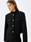 Kapaklı Cep Detaylı Yakasız Crop Tüvit Blazer Ceket 