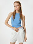 Crop Basic Halter Yaka Atlet Ribanalı Pamuklu Slim Fit