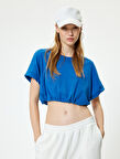 Crop Tişört Etek Ucu Lastikli Kısa Kollu Bisiklet Yaka Pamuklu