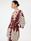 Koton X Melis Ağazat - Viskon Uzun Kimono Geniş Kollu Kuşak Detaylı Floral Etnik Desenli