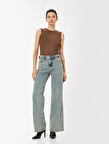 Standart Bel Geniş Paça Kot Pantolon Düğmeli Cepli Pamuklu - Wide Leg Jeans