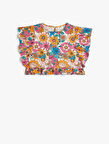 Crop Bluz Kolsuz Fırfırlı Çiçek Desenli Pamuklu