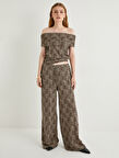 Leopar Desenli Pantolon Wide Leg Beli Bağcıklı Relax Fit