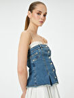 Straplez Düğmeli Denim Üst