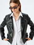 Fermuarlı Cepli Kruvaze Suni Deri Biker Ceket 
