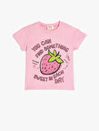 Pamuklu Bisiklet Yaka Kısa Kollu Çilek Baskılı Tişört