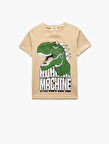 Dinozor Baskılı Bisiklet Yaka Kısa Kollu Pamuklu Tişört