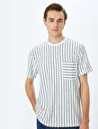 Çizgili Cepli Kısa Kollu Regular Fit Viskon Karışımlı Tok Kumaş Bisiklet Yaka Tişört