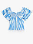 Kare Yaka Kısa Kollu Gipe Detaylı Çizgili Bluz