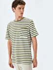 Bisiklet Yaka Regular Fit Cep Detaylı Tok Kumaş Viskon Karışımlı Kısa Kollu Çizgili Tişört