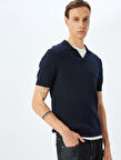 Kısa Kollu Pamuklu Saç Örgü Dokulu Polo Yaka Triko Tişört